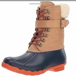 Sperry Women's Tan and Navy Winter Boots with Red Accents